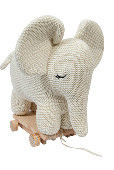 Knitted Soft Toy Elephant With Wooden Cart