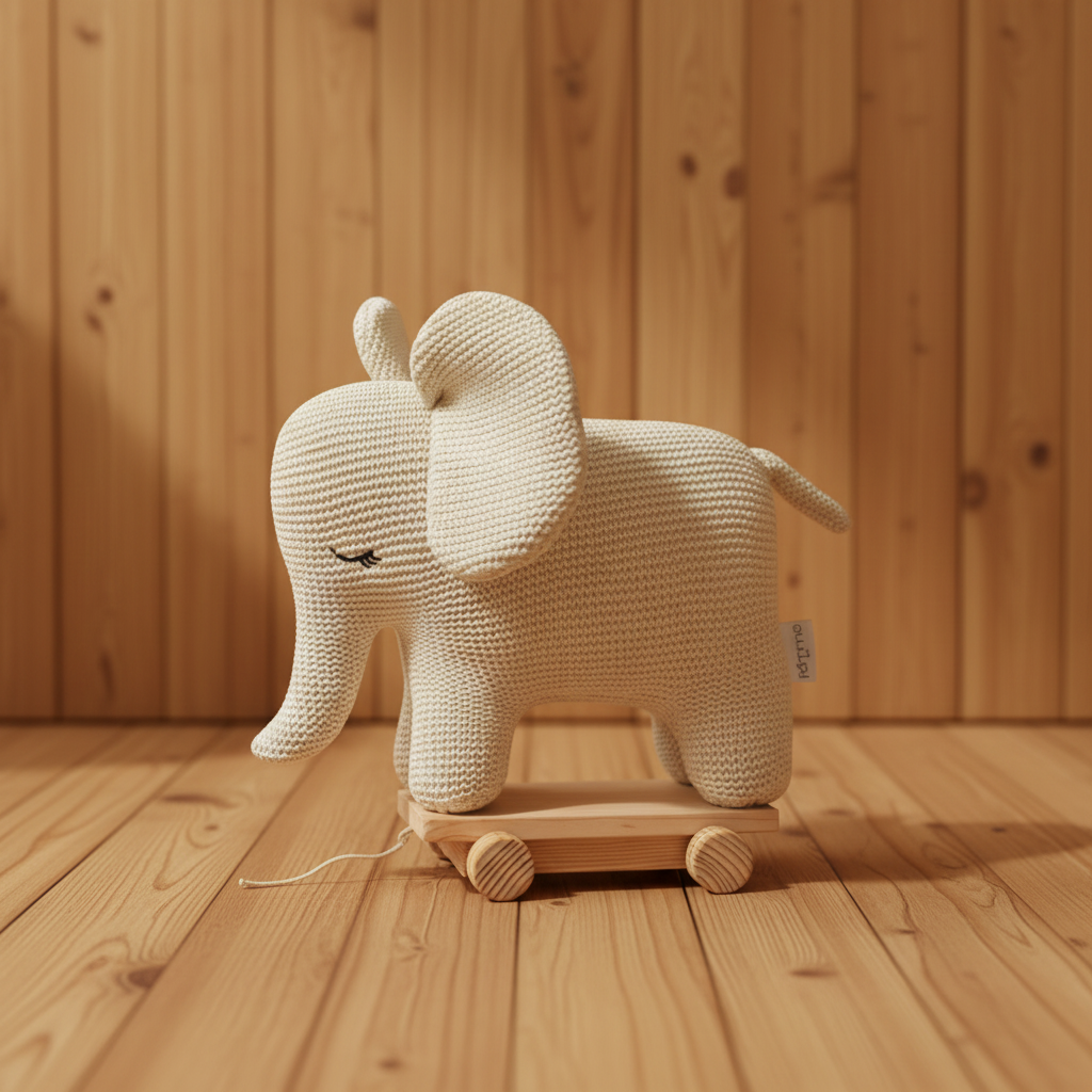 Pomme Soft Knitted Elephant With Wooden Cart