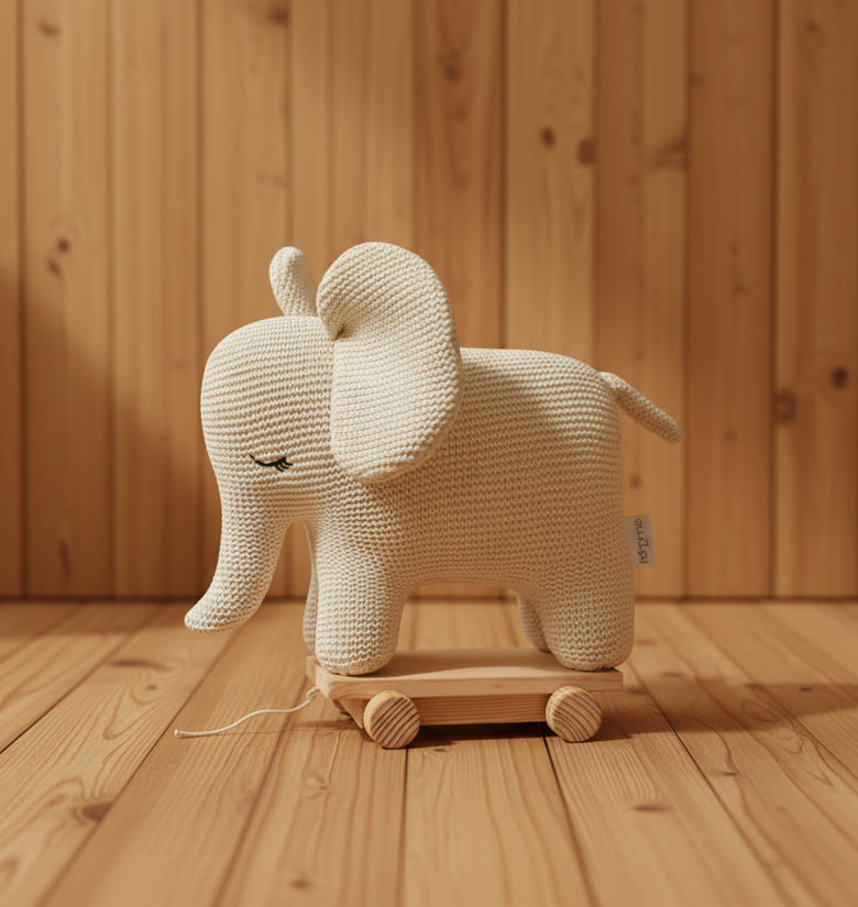 Pomme Soft Knitted Elephant With Wooden Cart