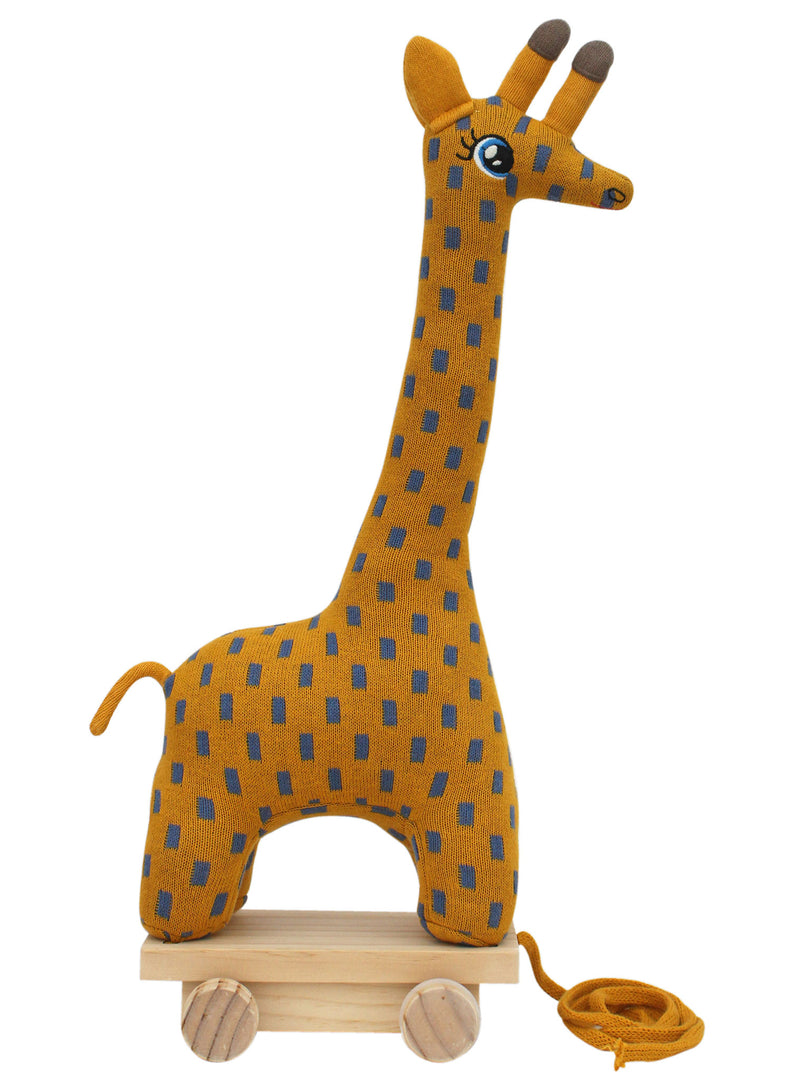 Knitted Soft Toy Giraffe With Wooden Cart