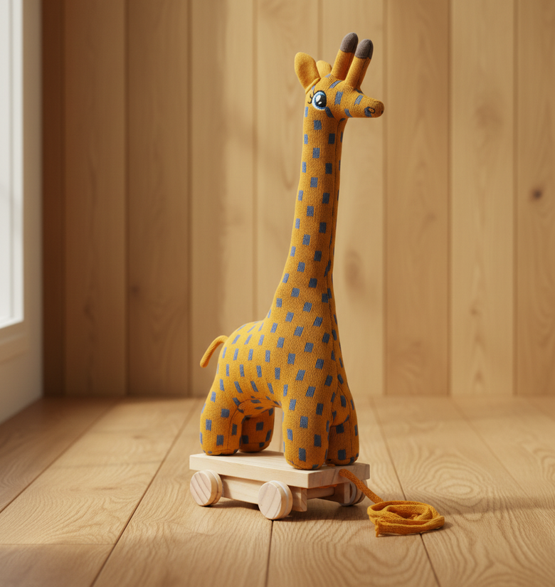 Pomme Soft Knitted Giraffe With Wooden Cart