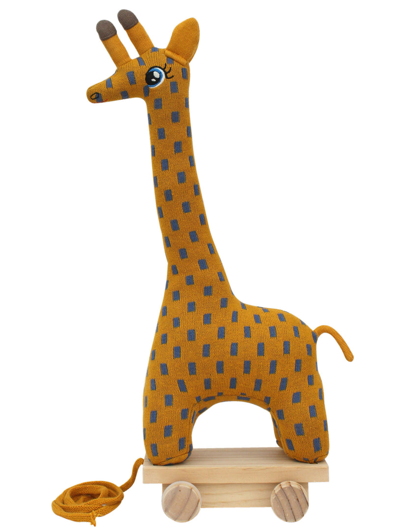 Knitted Soft Toy Giraffe With Wooden Cart