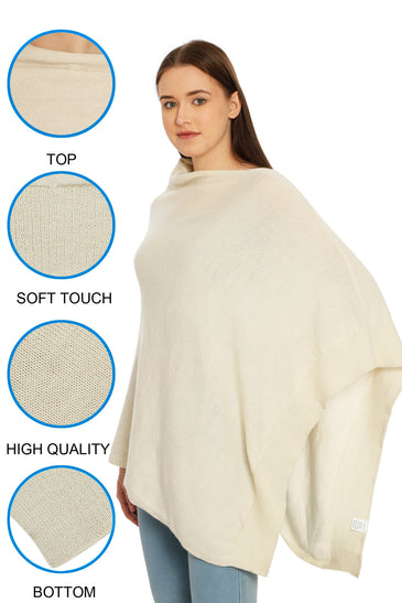 POMME Merino Wool Knitted Ivory (Plain Knit) Poncho for Women