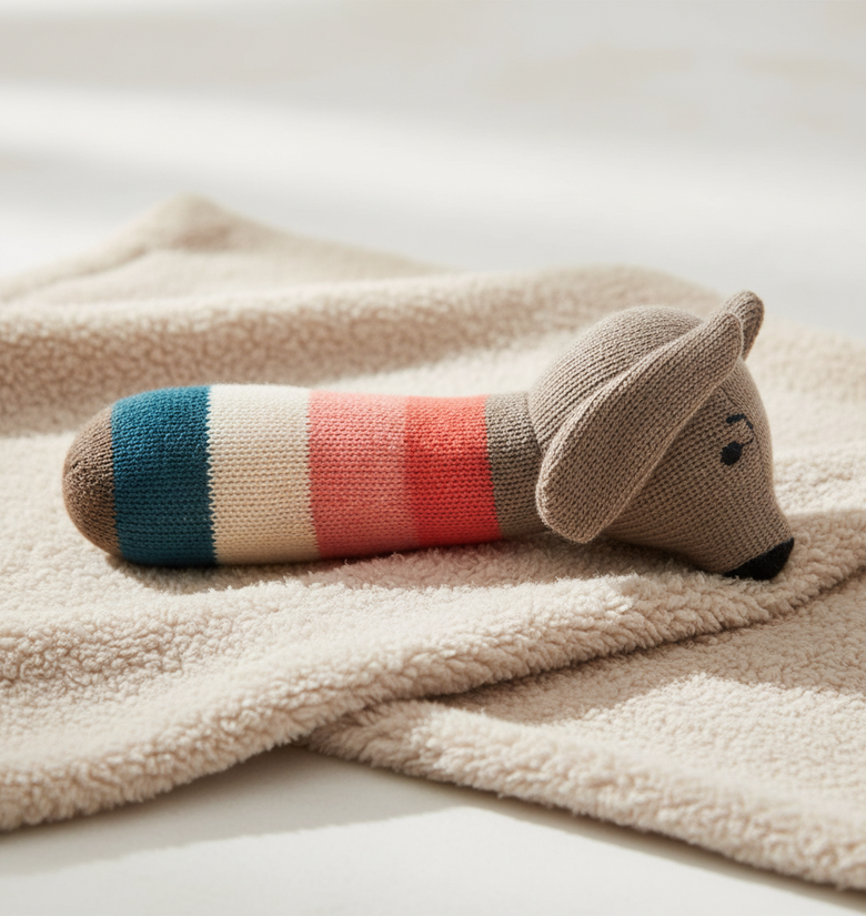 Pomme Playful Dog Knitted Cotton Rattle