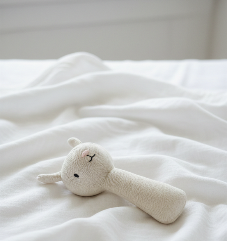 Pomme Smiley Sheep Knitted Cotton Rattle