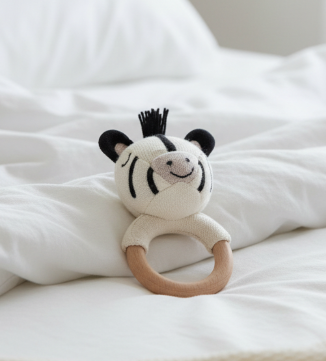Pomme Zesty Zebra Knitted Cotton Rattle with Wooden Ring
