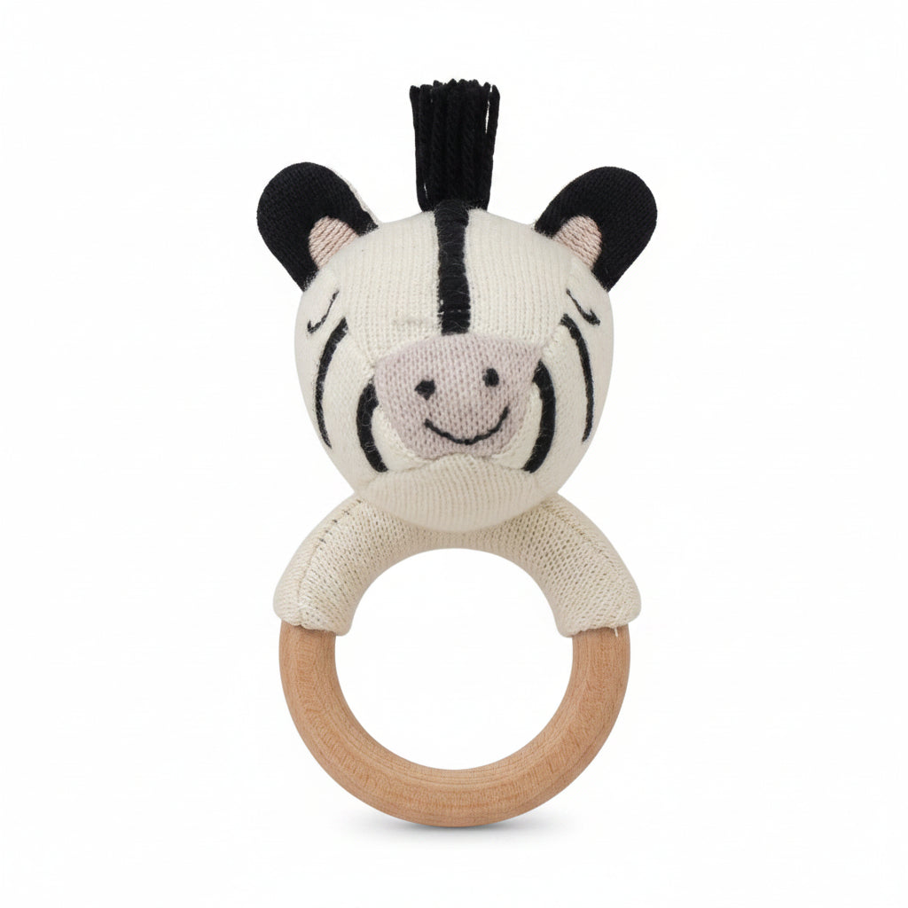 Pomme Zesty Zebra Knitted Cotton Rattle with Wooden Ring
