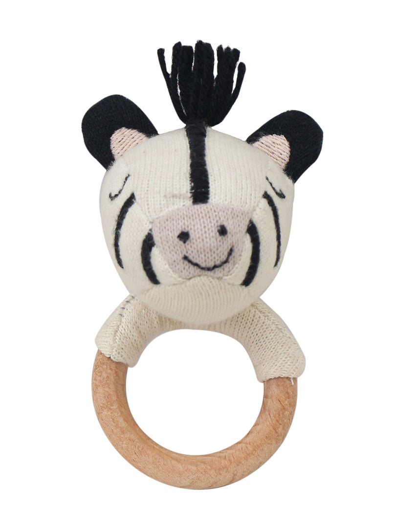 Knitted Zebra rattle with Wooden Ring