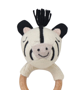 Knitted Zebra rattle with Wooden Ring