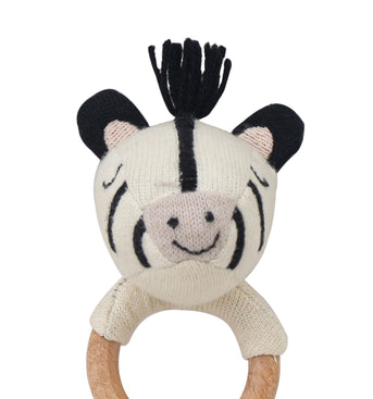 Knitted Zebra rattle with Wooden Ring