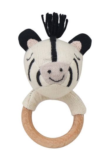 Knitted Zebra rattle with Wooden Ring