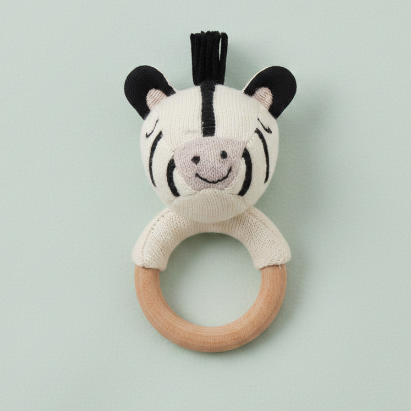 Pomme Zesty Zebra Knitted Cotton Rattle with Wooden Ring