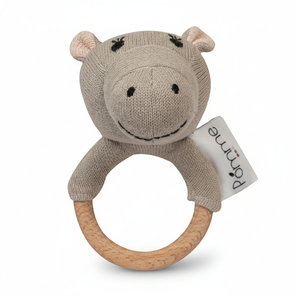 Pomme Happy Hippo Knitted Cotton Rattle & Teether