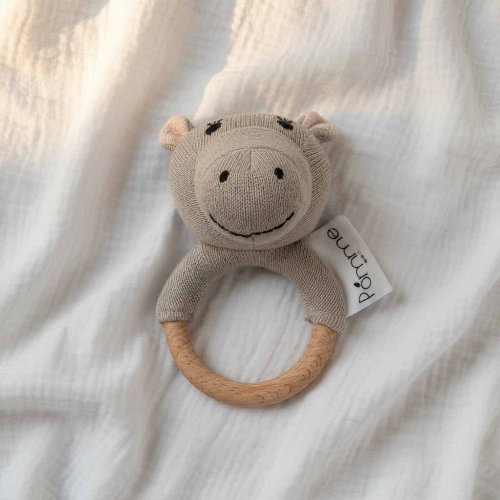 Pomme Happy Hippo Knitted Cotton Rattle & Teether