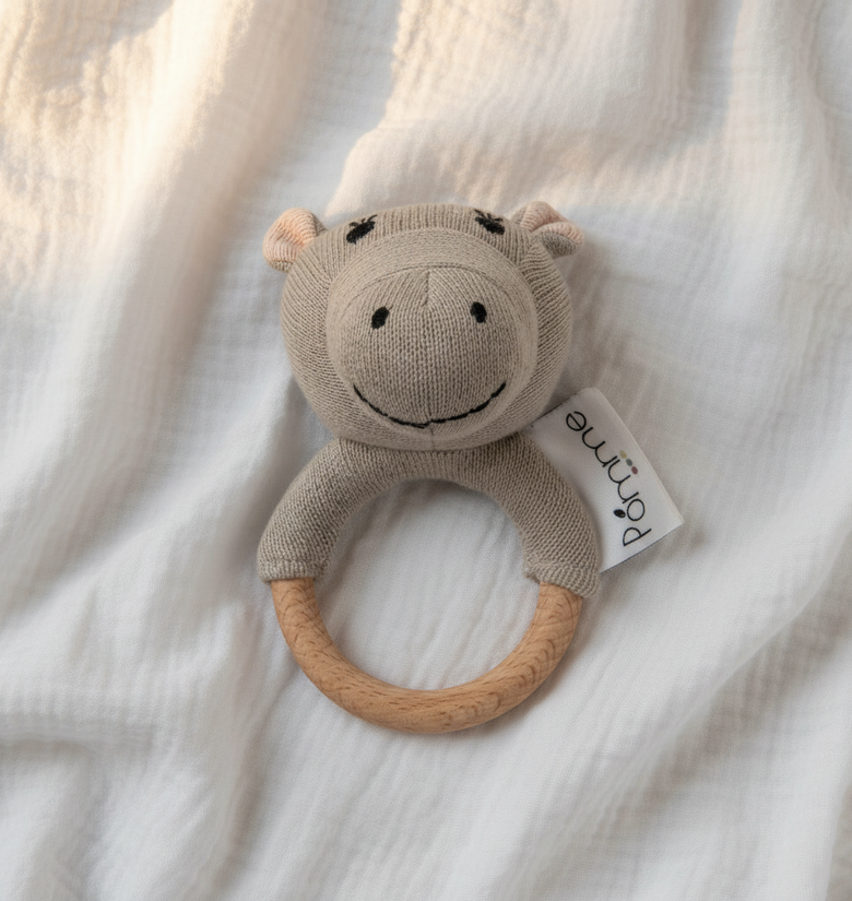 Pomme Happy Hippo Knitted Cotton Rattle & Teether
