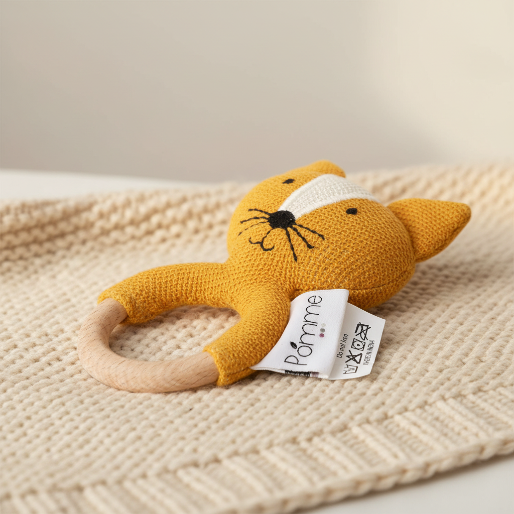 Pomme Smarty Fox Knitted Cotton Rattle & Teether