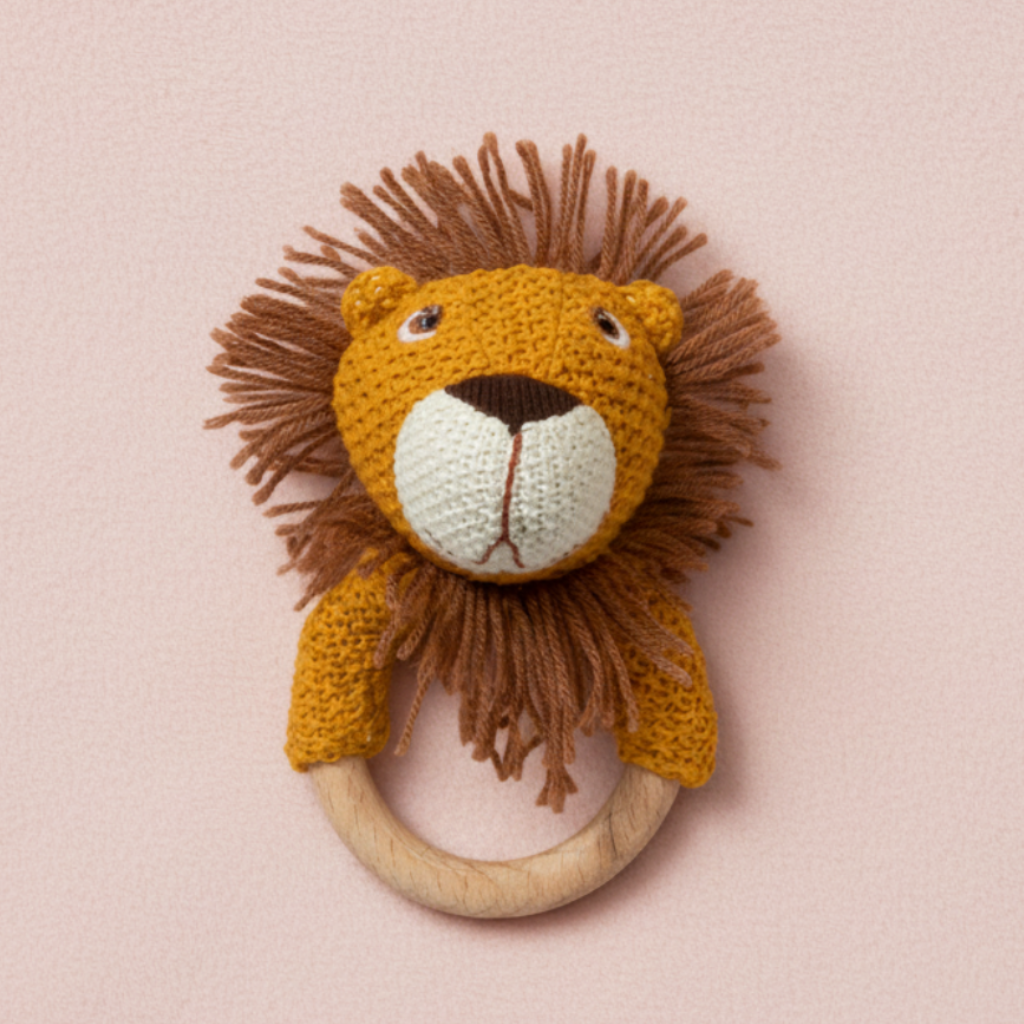 Pomme Playful Lion Knitted Cotton Rattle & Teether
