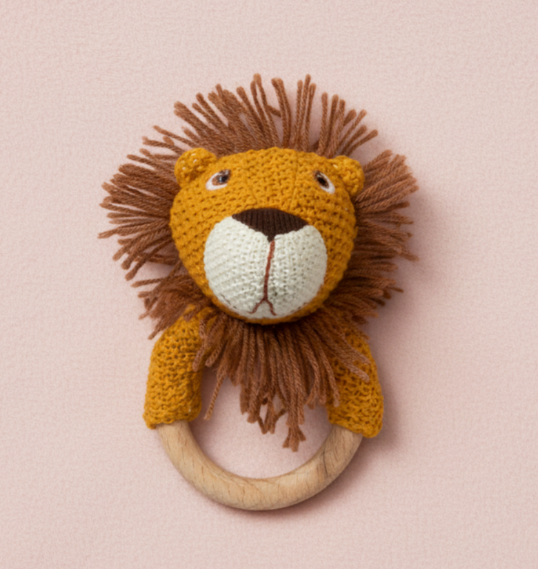 Pomme Playful Lion Knitted Cotton Rattle & Teether