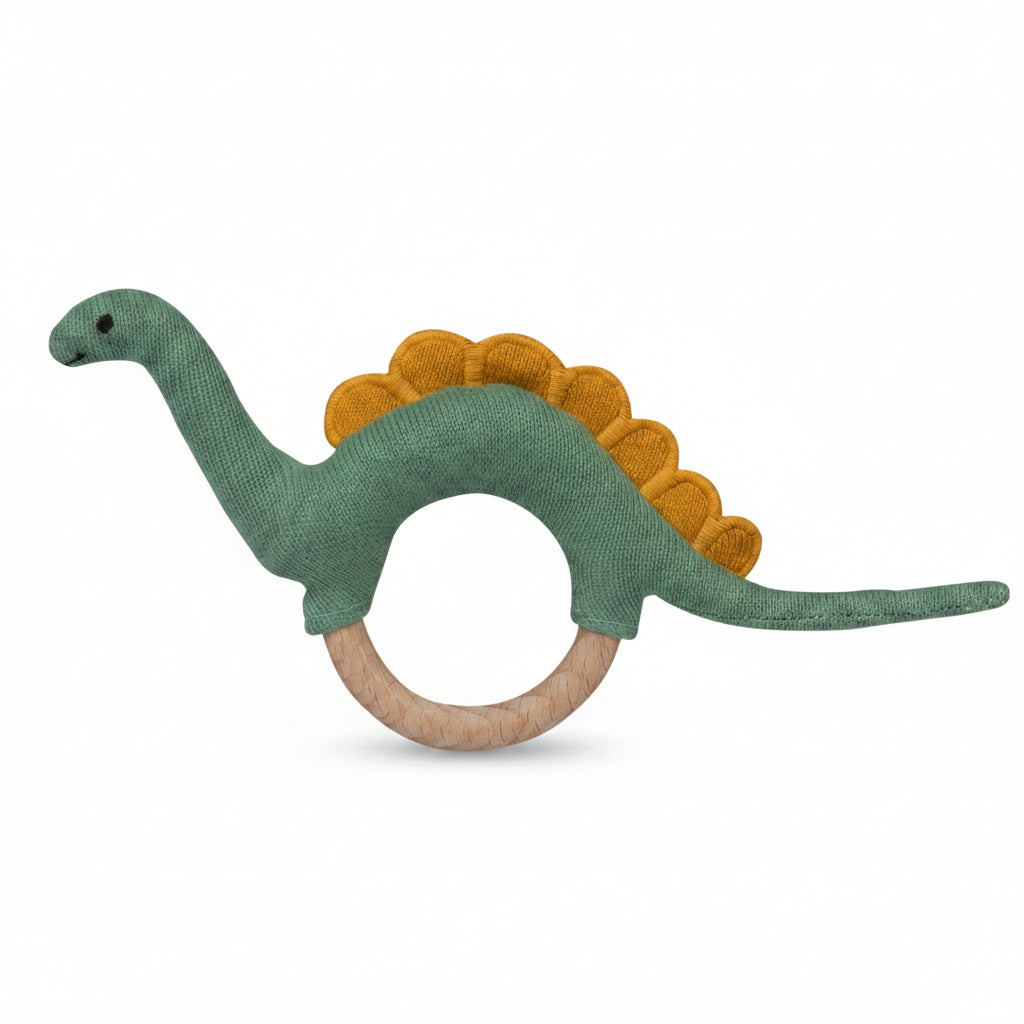 Pomme Playful Dino Knitted Cotton Rattle & Teether
