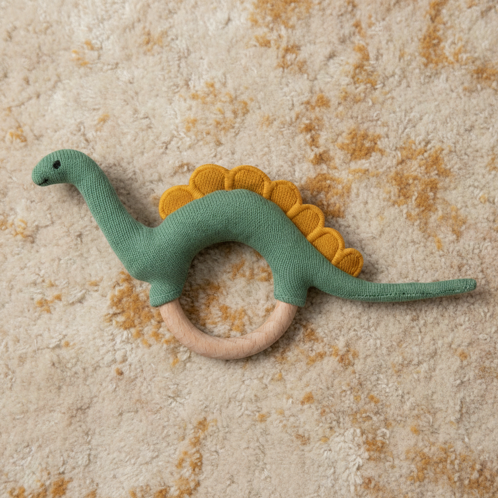 Pomme Playful Dino Knitted Cotton Rattle & Teether