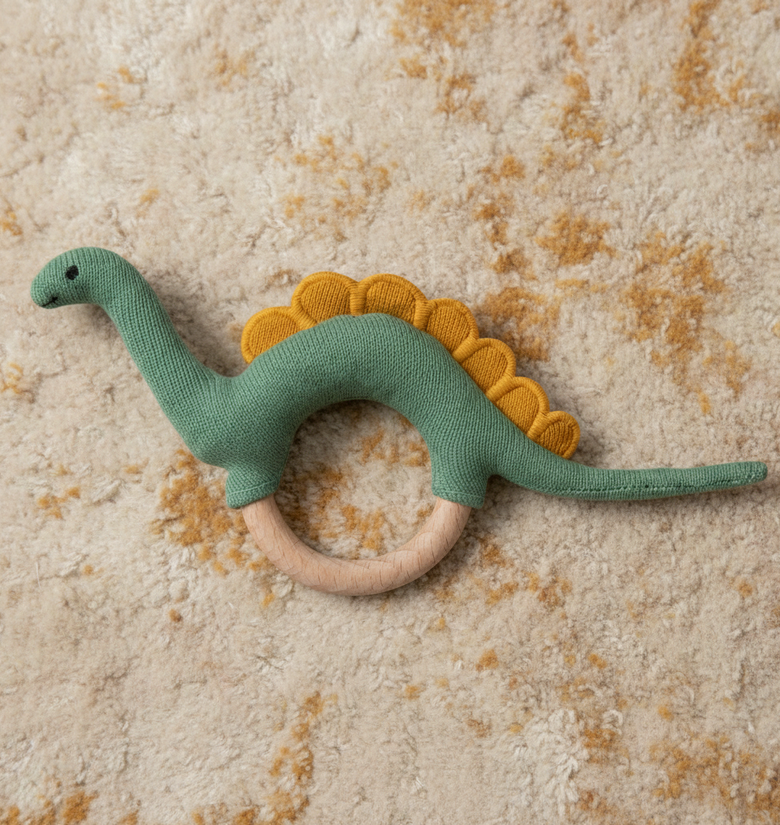 Pomme Playful Dino Knitted Cotton Rattle & Teether