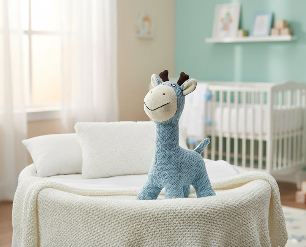 Pomme Cotton Knitted Smiley Giraffe Soft Toy (Mineral Blue & Ivory)