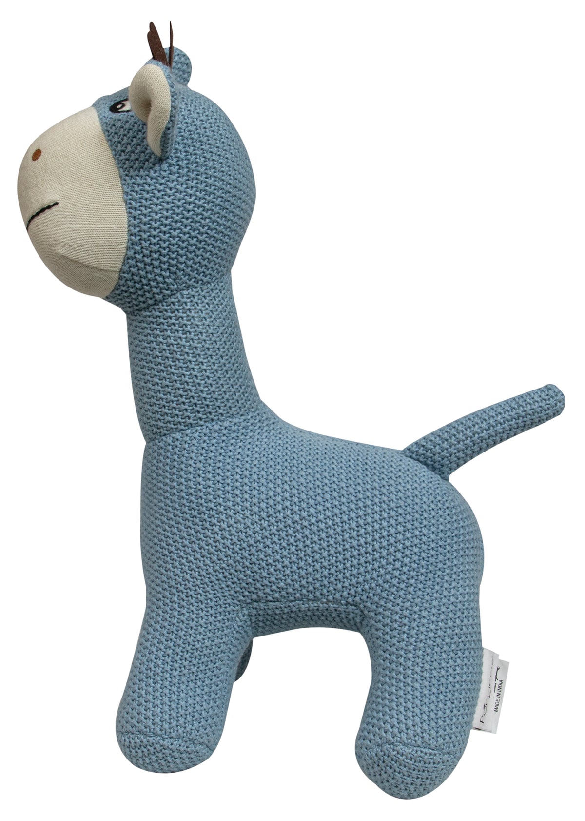 Pomme Cotton Knitted Smiley Giraffe Soft Toy (Mineral Blue & Ivory)
