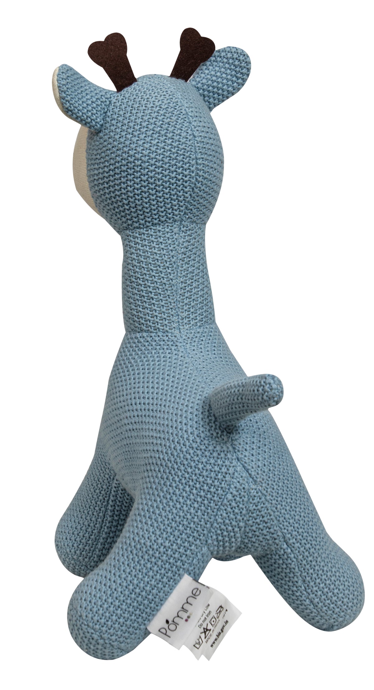 Pomme Cotton Knitted Smiley Giraffe Soft Toy (Mineral Blue & Ivory)