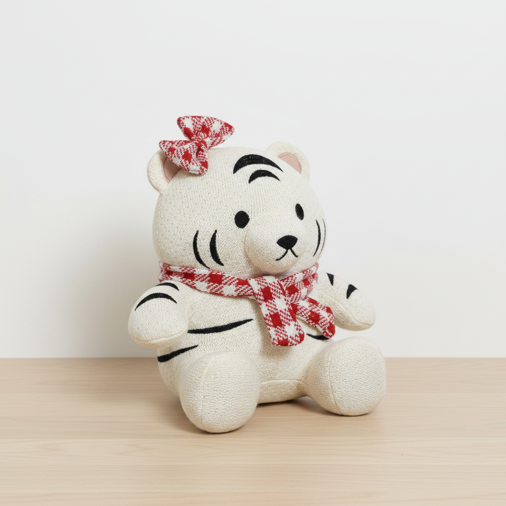 Pomme Cotton Knitted Tiger with Bow (Ivory)