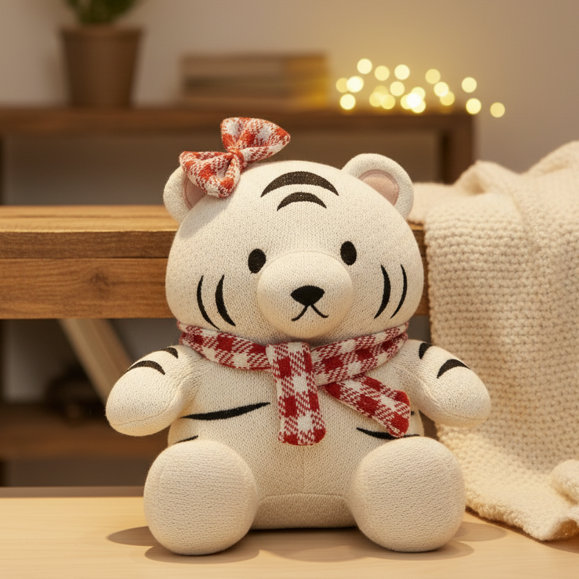 Pomme Cotton Knitted Tiger with Bow (Ivory)