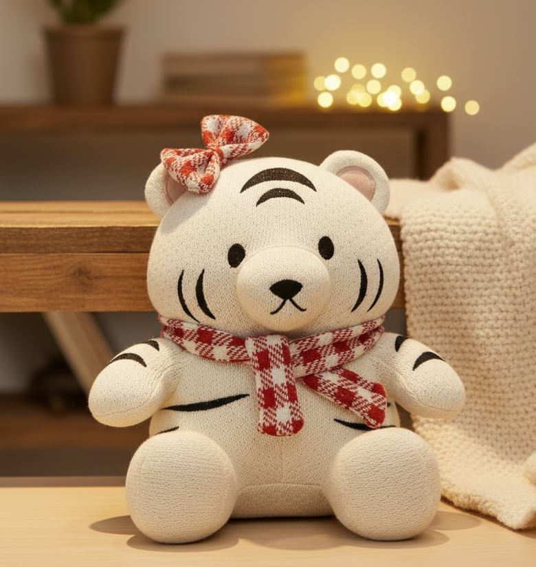 Pomme Cotton Knitted Tiger with Bow (Ivory)