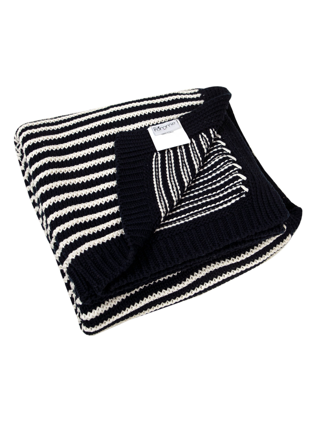 Pomme Cotton Knitted Fine Stripe Ribbed Throw (Black & Ivory)