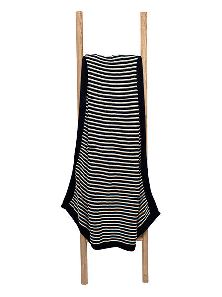 Pomme Cotton Knitted Fine Stripe Ribbed Throw (Black & Ivory)
