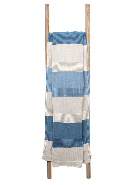 Pomme Cotton Knitted Coastal Stripe Throw (Blue & Ivory)