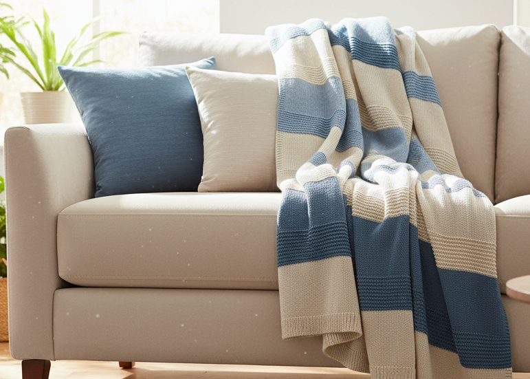 Pomme Cotton Knitted Coastal Stripe Throw (Blue & Ivory)