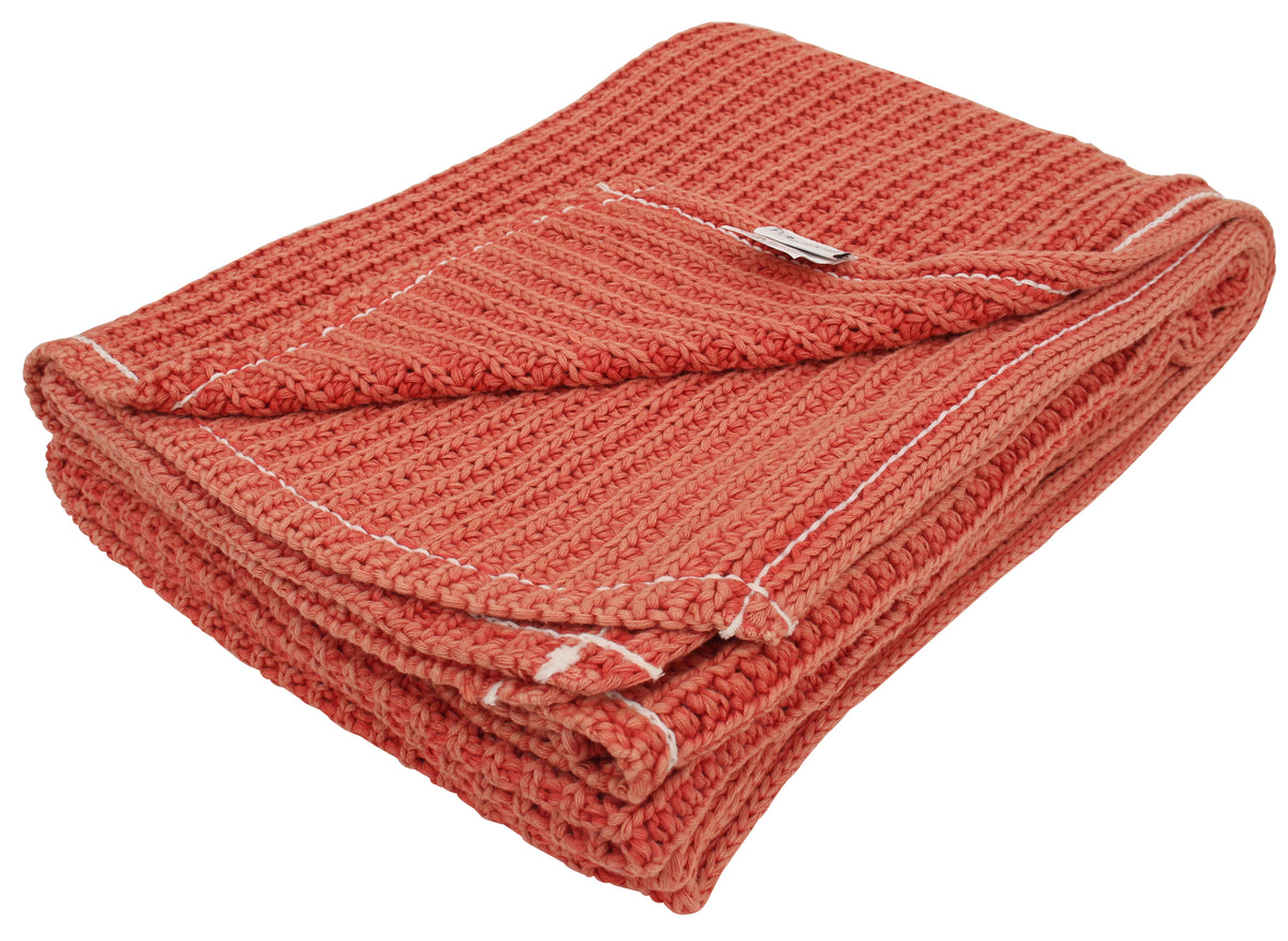 Pomme Cotton Knitted Waffle Texture Throw (Coral)
