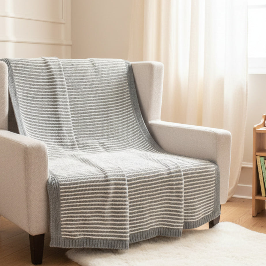 Pomme Cotton Knitted Fine Stripe Ribbed Throw (Grey &amp; Ivory)