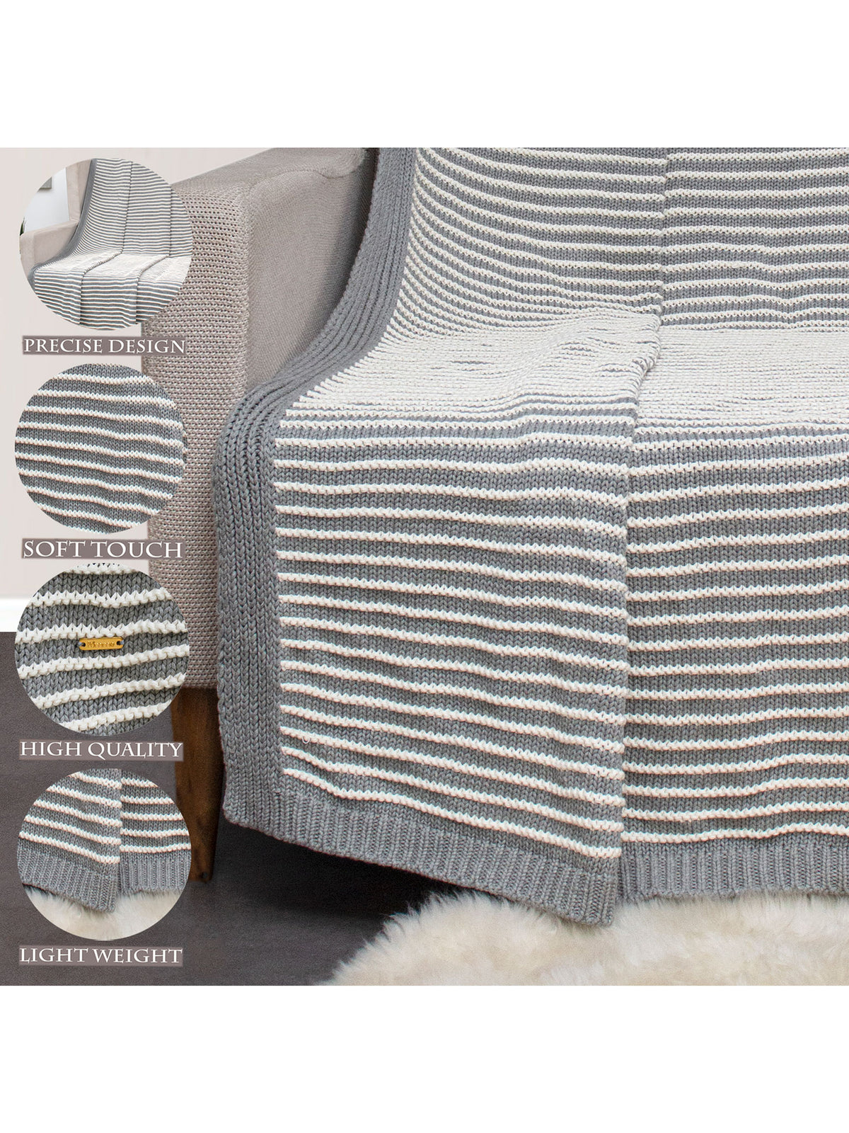 Pomme Cotton Knitted Fine Stripe Ribbed Throw (Grey &amp; Ivory)