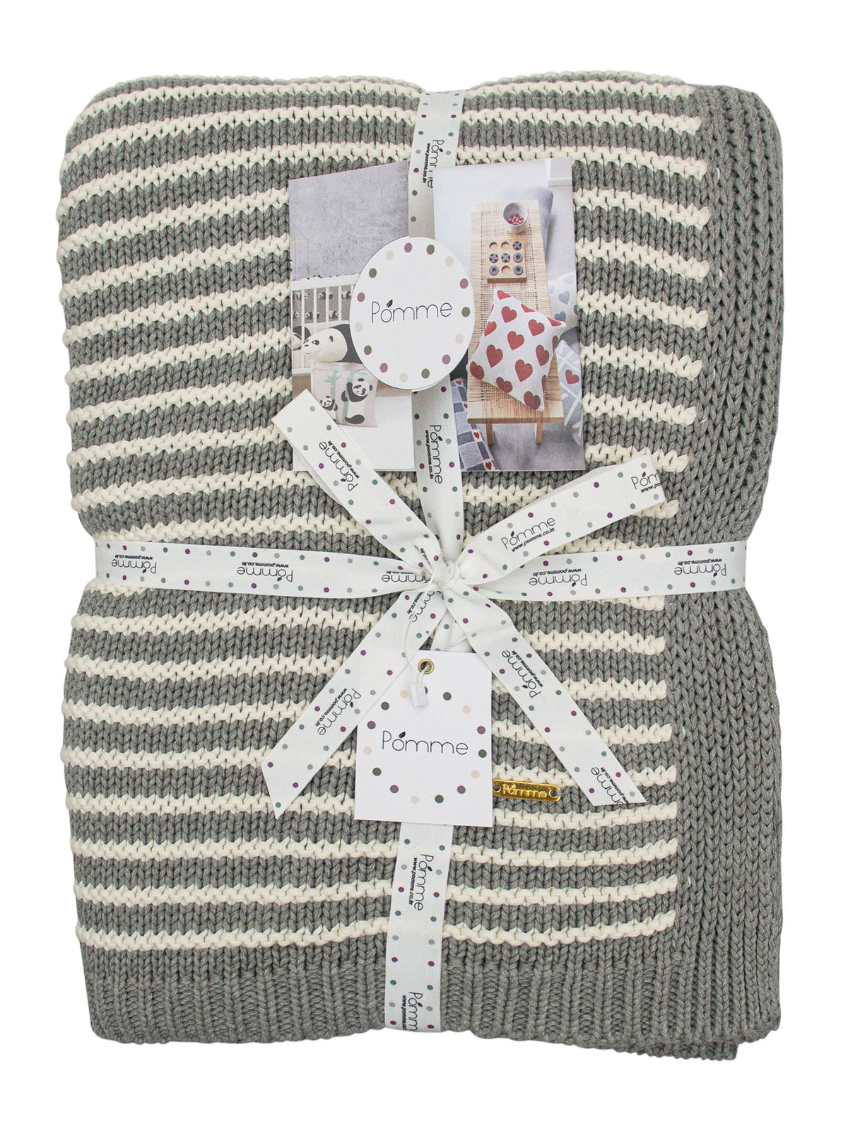 Pomme Cotton Knitted Fine Stripe Ribbed Throw (Grey &amp; Ivory)