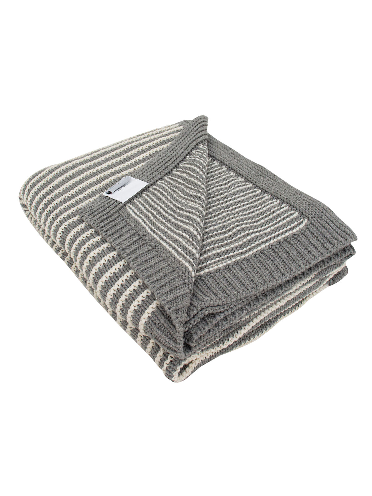 Pomme Cotton Knitted Fine Stripe Ribbed Throw (Grey &amp; Ivory)