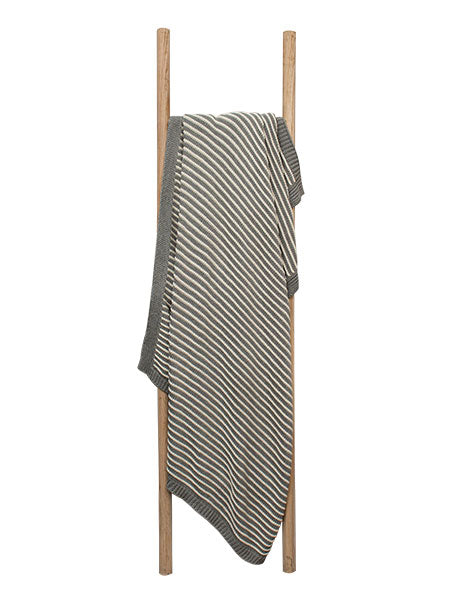 Pomme Cotton Knitted Fine Stripe Ribbed Throw (Grey &amp; Ivory)