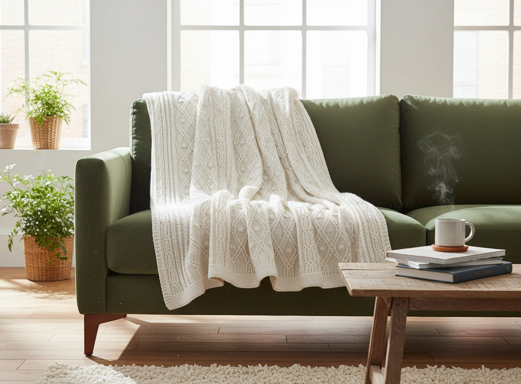 Pomme Cotton Knitted Twisted Cable Throw (Ivory)