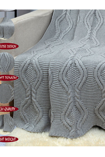 Knitted Grey Melange Broad Cable Knit Throw