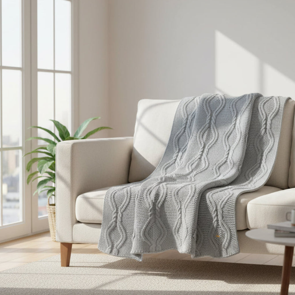 Pomme Cotton Knitted Broad Cable Throw (Grey Melange)
