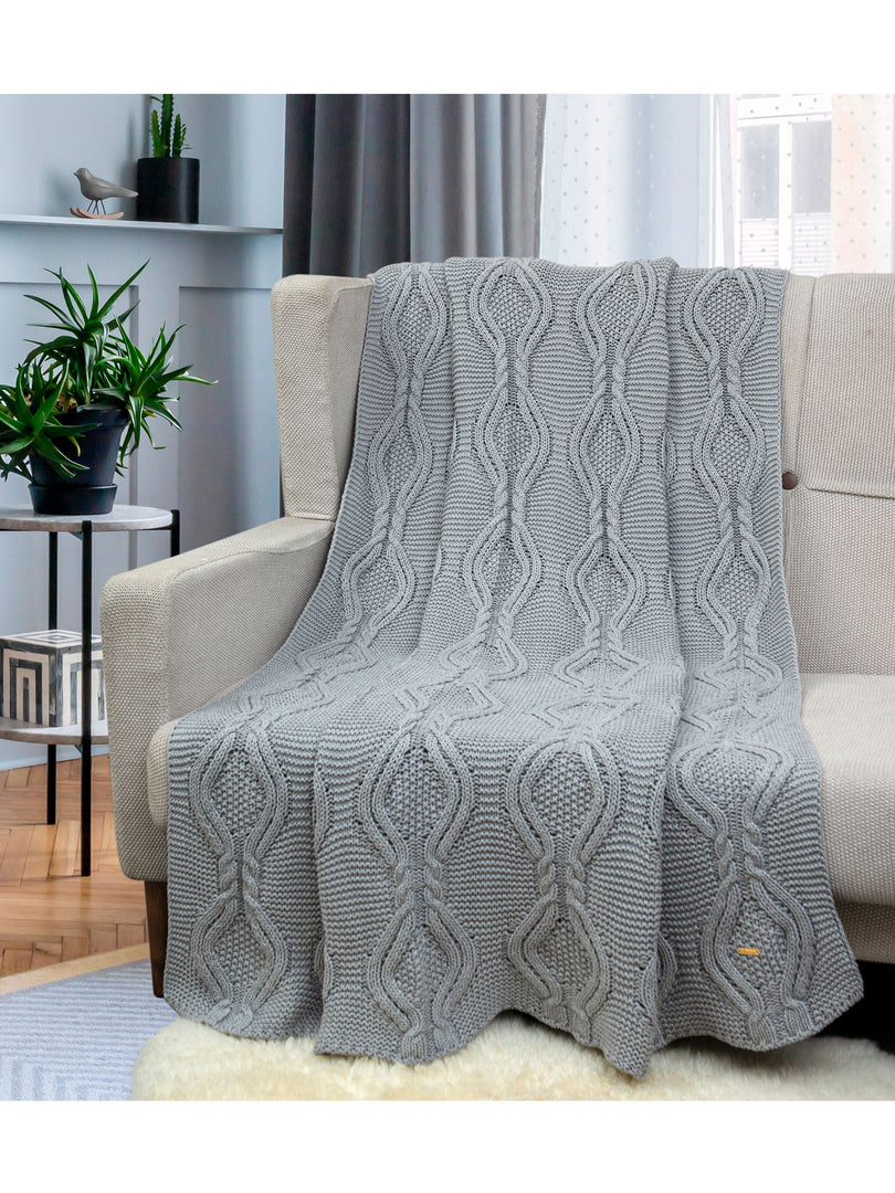 Knitted Grey Melange Broad Cable Knit Throw