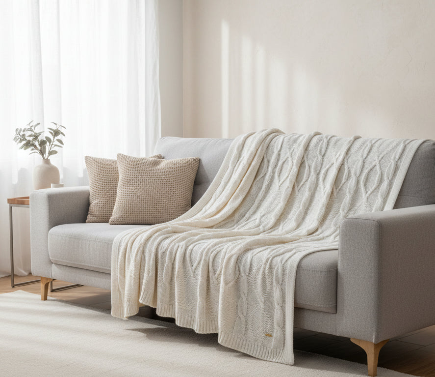 Pomme Cotton Knitted Flowing Cable Throw (Ivory)