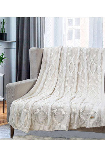 Knitted Ivory Cable Texture Knit Throw