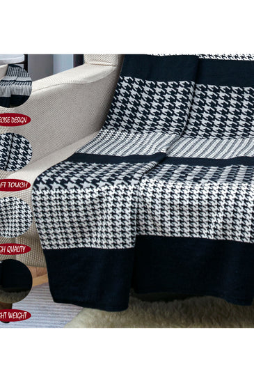 Knitted Navy Grey Hounds Tooth Pattern Throw