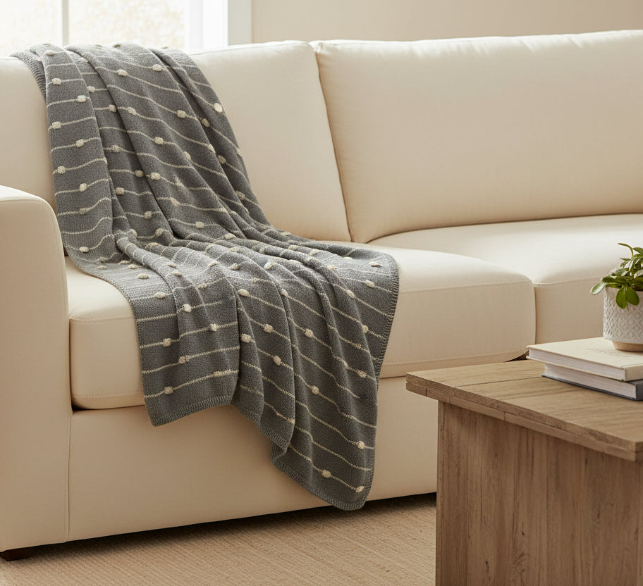 Pomme Cotton Knitted Bubble Stripe Throw (Grey Melange & Ivory)