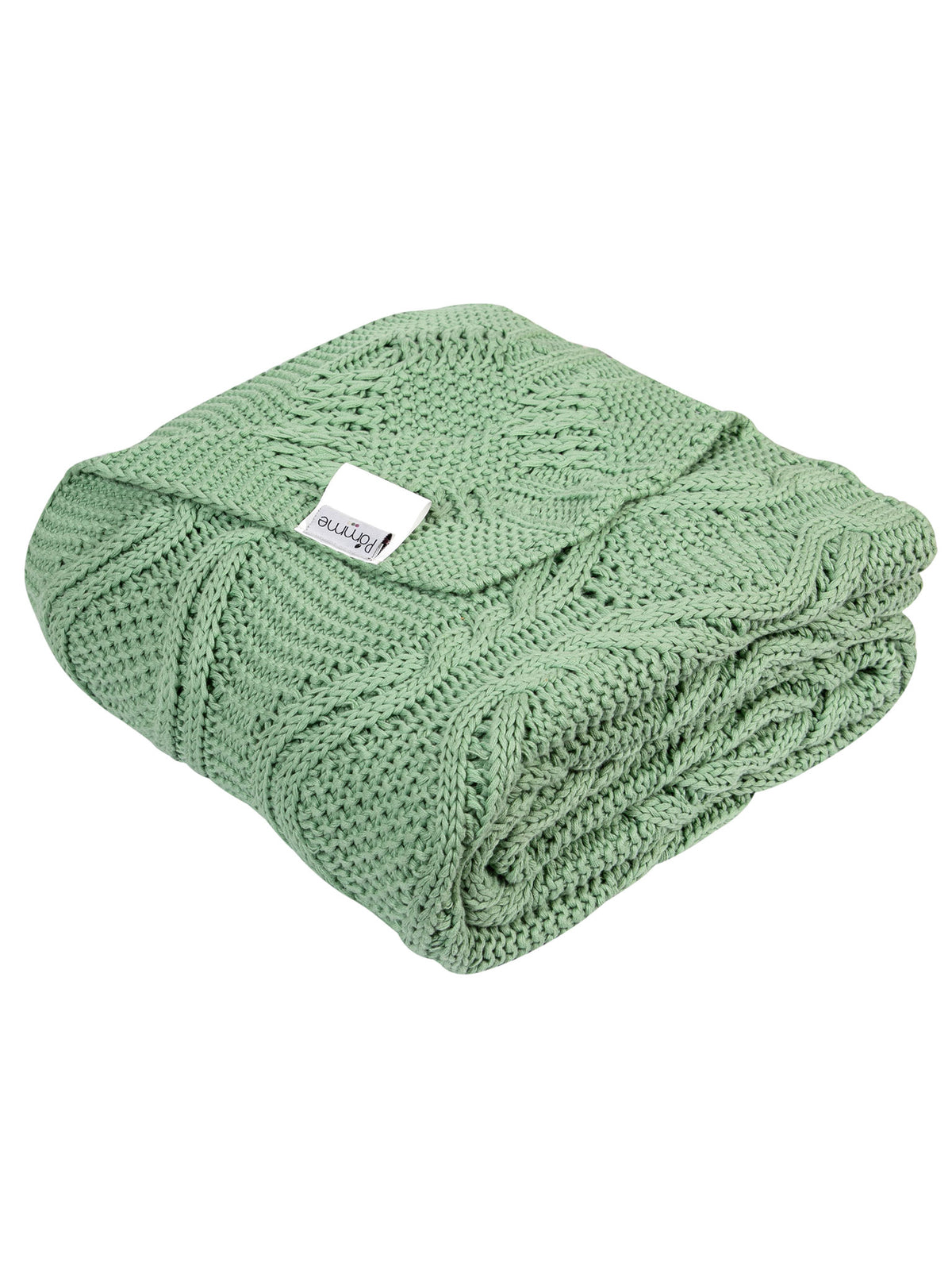 Pomme Cotton Knitted Leaf Cable Textured Throw (Green)